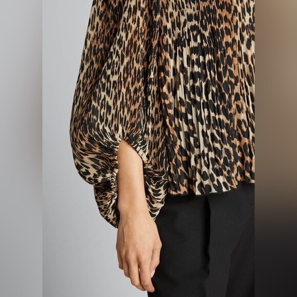 GANNI Georgette Pleated Leopard-Print Blouson Sleeve Blouse Size 34/2 US - Picture 3 of 16